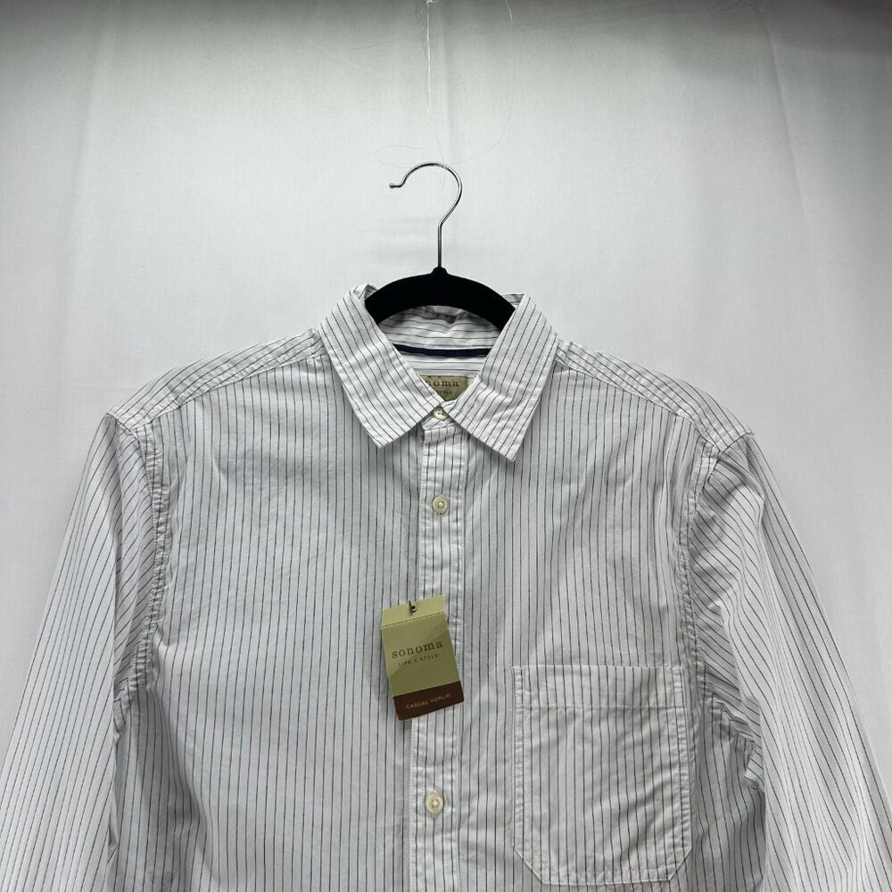 Sonoma Life+Style Shirt Mens S Casual Poplin Button Up Long Sleeve Striped White - Picture 3 of 12